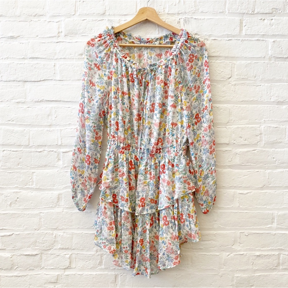 LoveShackFancy || Popover Ruffle Mini Dress in Ibiza Blue Floral XS